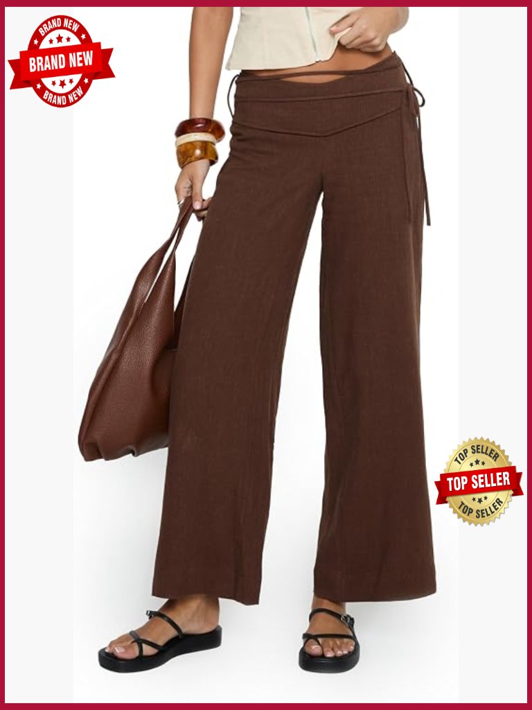 Linen Blend Tie Pants Mid Rise Wide Leg Relaxed Fit